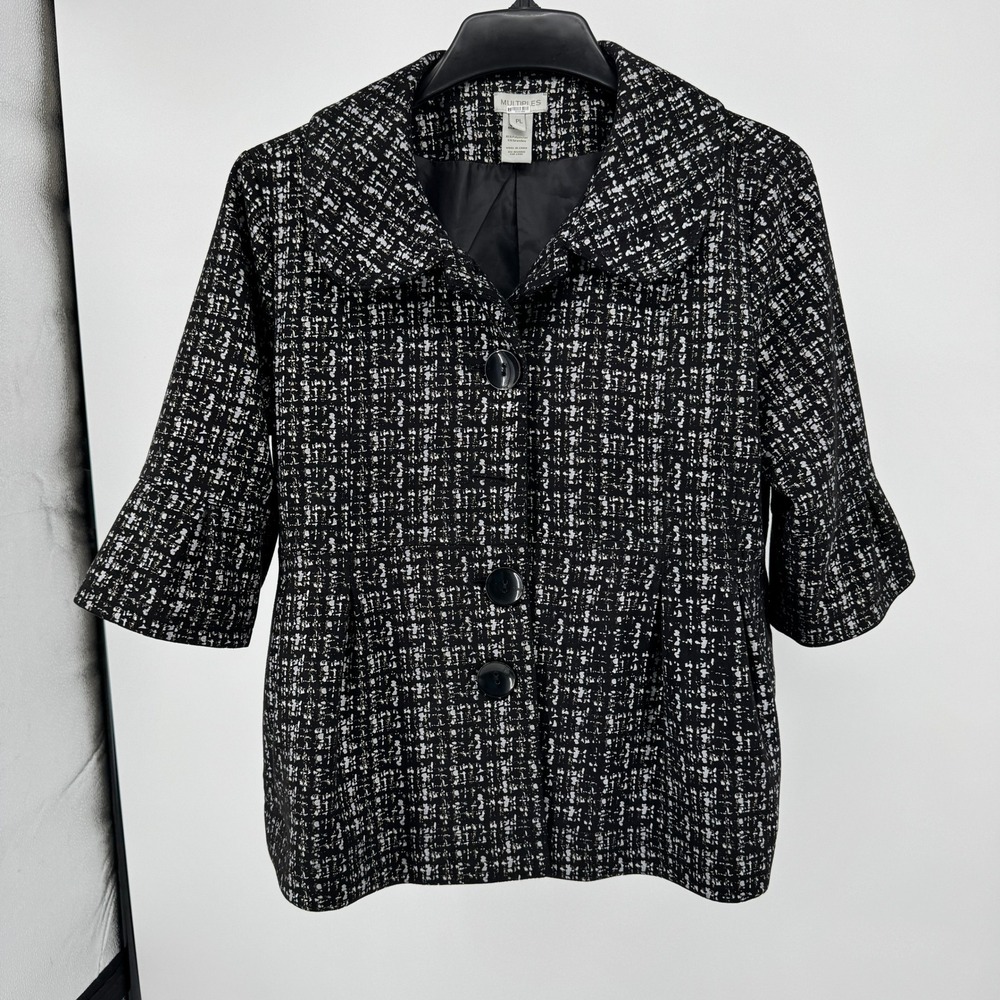 Multiples‎ Jacket Women PL Black Silver Metallic Bell Sleeve Button Front Tweed